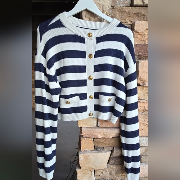 American Eagle Outfitters Sweaters - American Eagle Nautical Preppy Classic Navy & White Striped Cardigan Size M